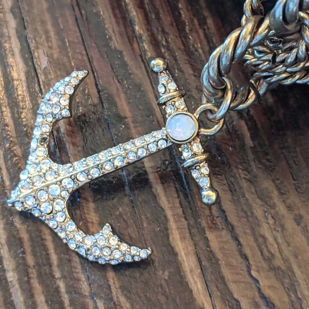 Nautical anchor rhinestone gold link bracelet